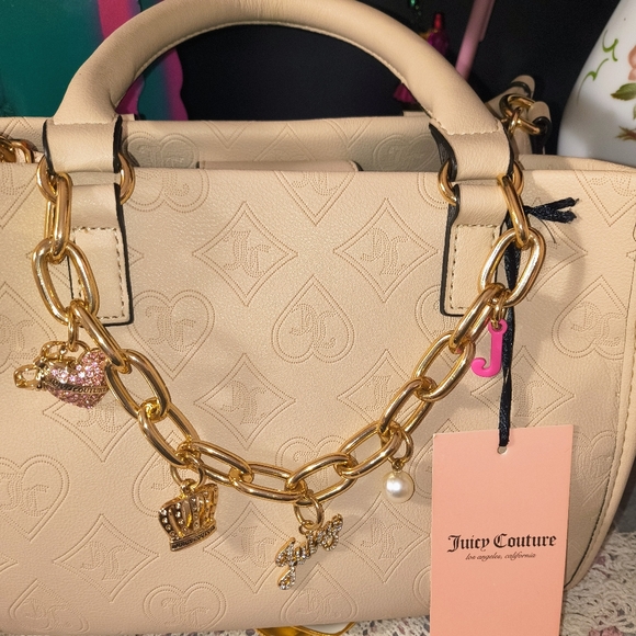 Juicy Couture Sandstone Mini Tote Gold Chain With Charms Padded Handles & Strap - Picture 3 of 11